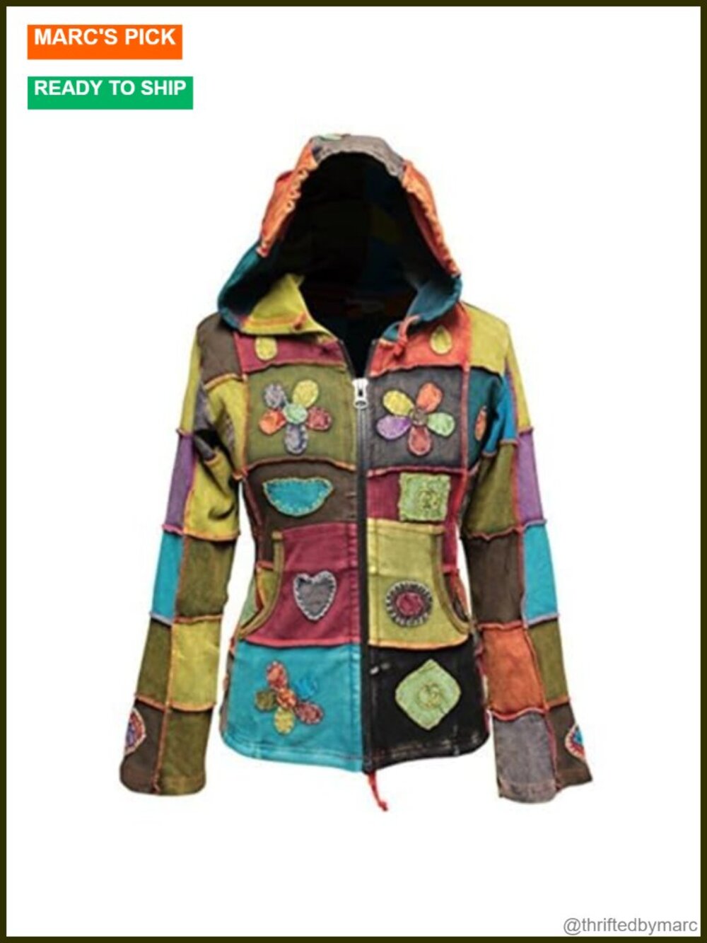 Handmade Nepal Peace Love Floral Embroidered Hoodie 100% Cotton